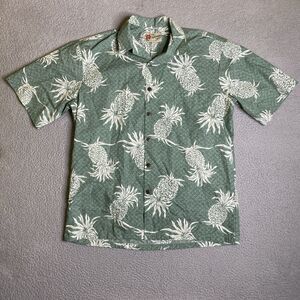 Hilo Hattie Shirt Mens Large Green Hawaiian Print Button Up Vacation Casual